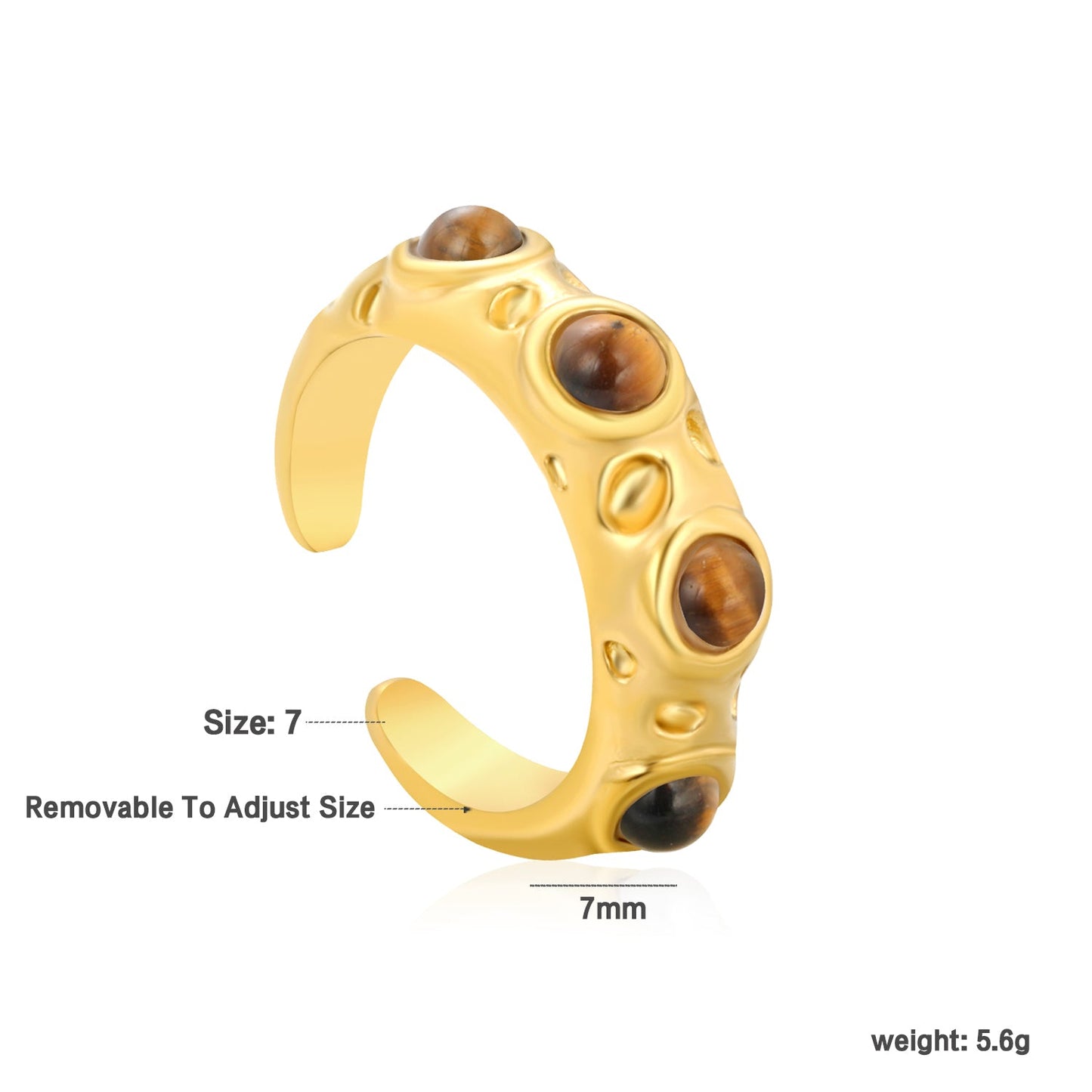 7mm Gold Open Ring with Irregular Hammered Texture and White Pearl/Tiger's Eye/Emerald Cat's Eye Inlays asonjewelry