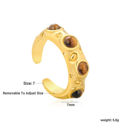 7mm Gold Open Ring with Irregular Hammered Texture and White Pearl/Tiger's Eye/Emerald Cat's Eye Inlays asonjewelry