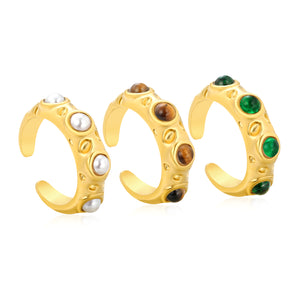 7mm Gold Open Ring with Irregular Hammered Texture and White Pearl/Tiger's Eye/Emerald Cat's Eye Inlays