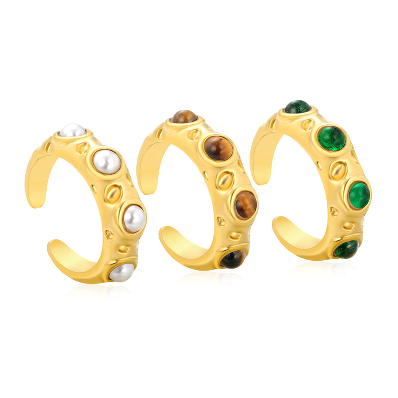 7mm Gold Open Ring with Irregular Hammered Texture and White Pearl/Tiger's Eye/Emerald Cat's Eye Inlays