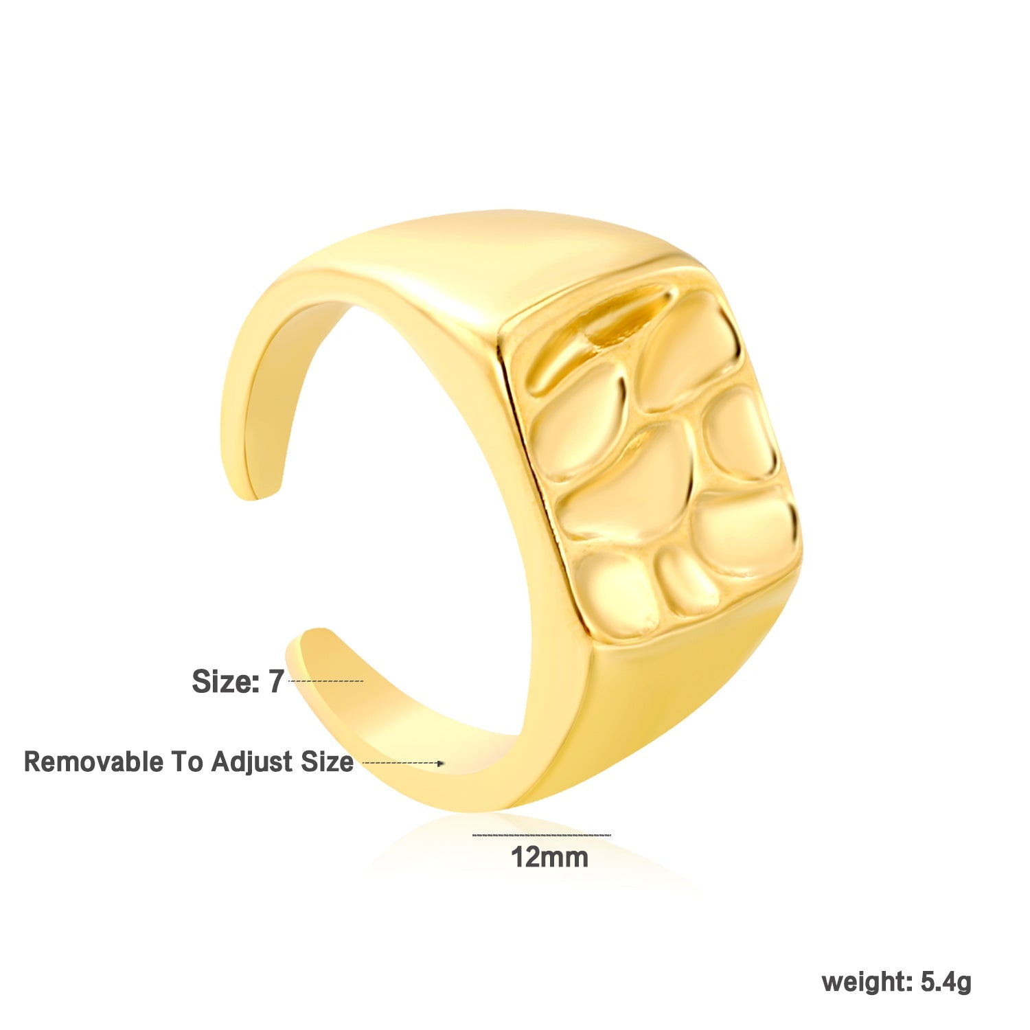 12mm Gold Open Ring with Hammered Square Pattern asonjewelry