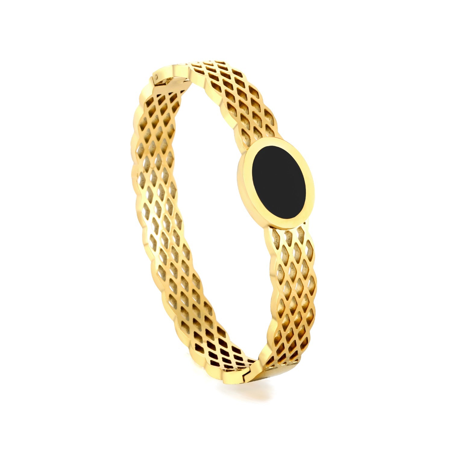 Woven mesh bracelet with black round oil drops. asonjewelry