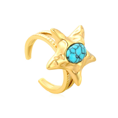 20mm Gold Open Ring with Turquoise - Inlaid Starfish asonjewelry