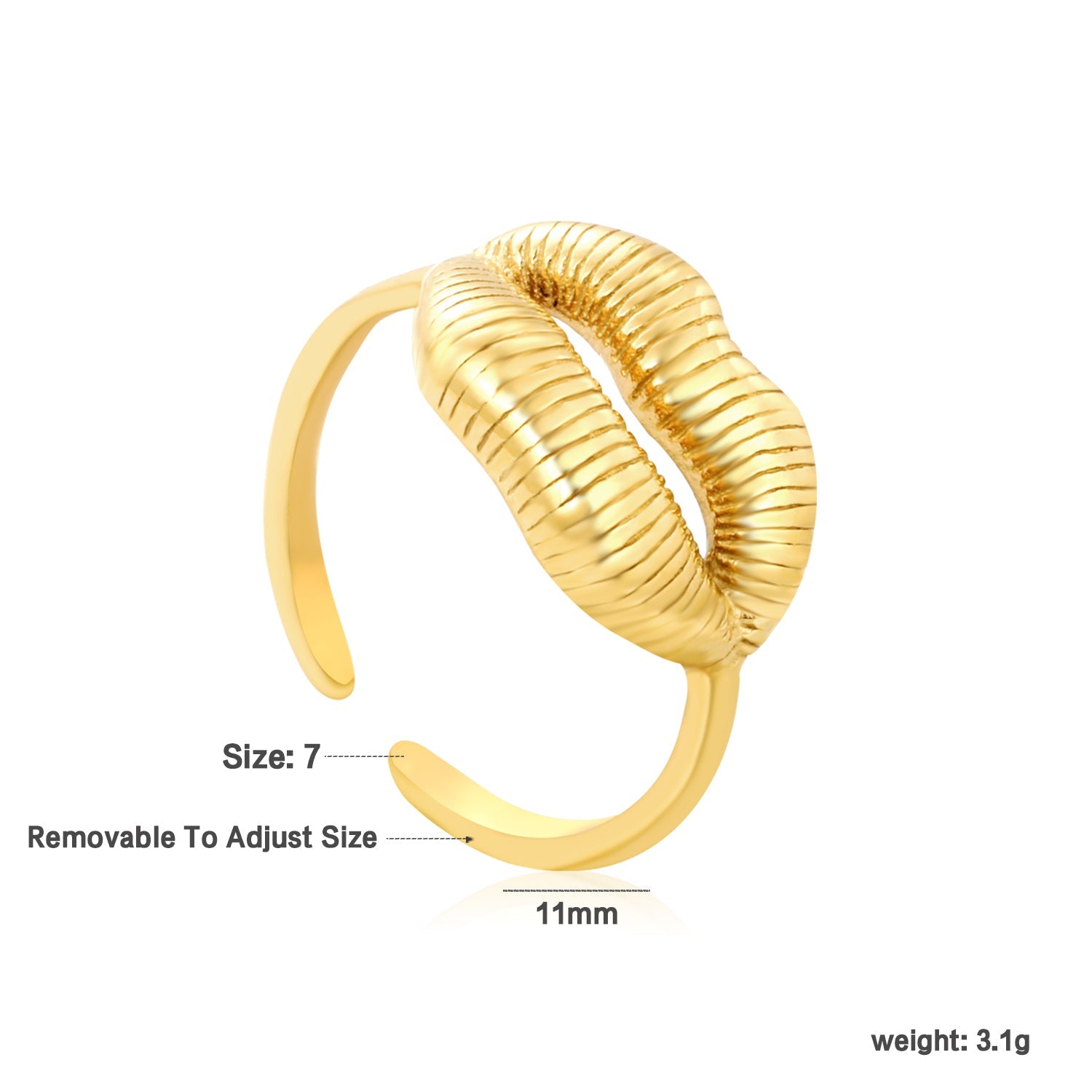 11mm Gold Open Ring with Hollow Lip Texture asonjewelry