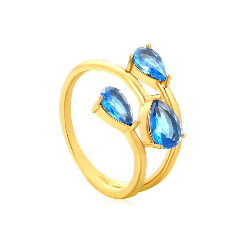 15mm Gold Open Ring with Three Claw - Set Blue Zircons