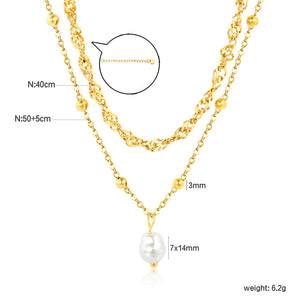Imitation Pearl Double Chain 3mm Wavy Chain 40cm + 0.35 Cross Bead Chain 50cm + 5cm + 6mm Round Tag Necklace Gold