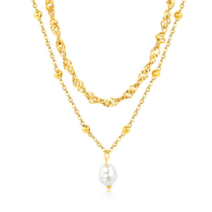 Imitation Pearl Double Chain 3mm Wavy Chain 40cm + 0.35 Cross Bead Chain 50cm + 5cm + 6mm Round Tag Necklace Gold