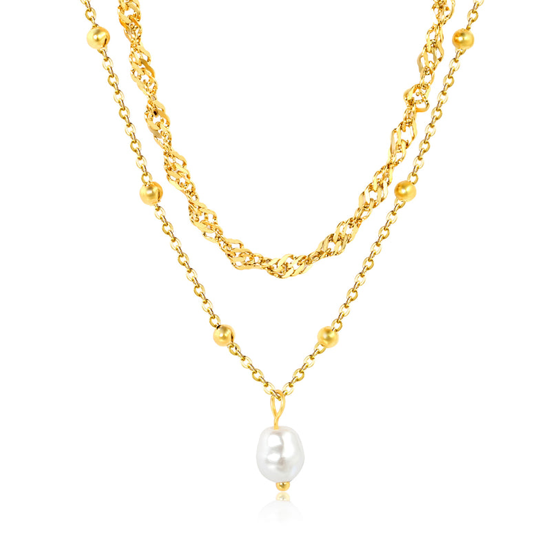 Imitation Pearl Double Chain 3mm Wavy Chain 40cm + 0.35 Cross Bead Chain 50cm + 5cm + 6mm Round Tag Necklace Gold