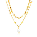 Imitation Pearl Double Chain 3mm Wavy Chain 40cm + 0.35 Cross Bead Chain 50cm + 5cm + 6mm Round Tag Necklace Gold