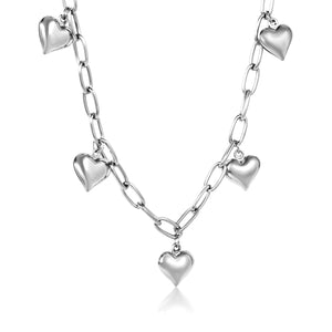 11.5 x 13mm 5 heart-shaped pendants, 6mm long round chain with O-shaped links, 40+5cm + 6mm round pendant tag necklace, steel color/gold color