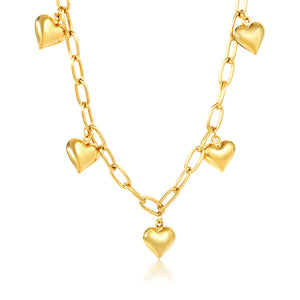 11.5 x 13mm 5 heart-shaped pendants, 6mm long round chain with O-shaped links, 40+5cm + 6mm round pendant tag necklace, steel color/gold color