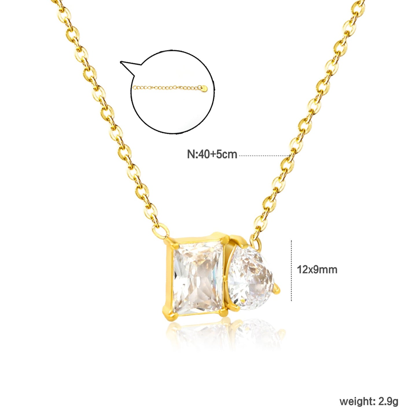 Square Teardrop White Zirconia 0.35 Cross Chain 40+5cm+6mm Round Tail Tag Necklace Gold asonjewelry