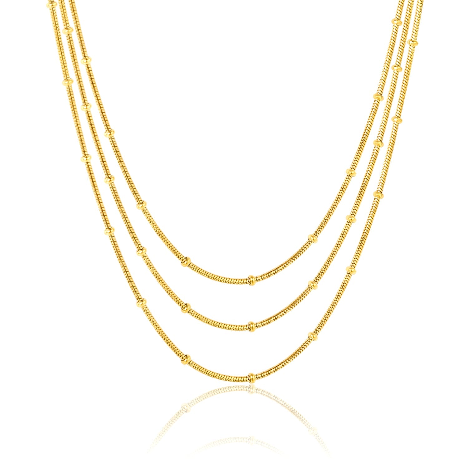 Sweater chain, 1.2mm round snake bead chain, 50+60+70cm+5cm+6mm round tag necklace, steel color/gold color asonjewelry