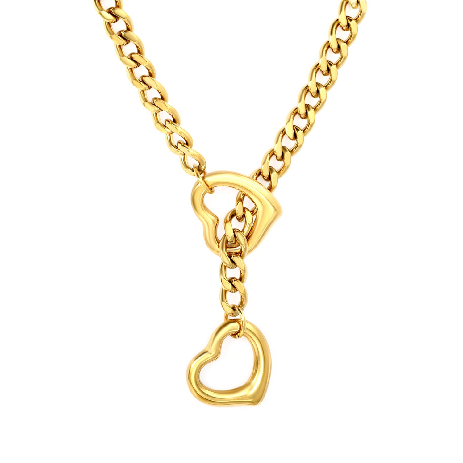 Double Heart Pendant 1.0 Six-Faceted Chain Necklace 46+5cm Gold asonjewelry