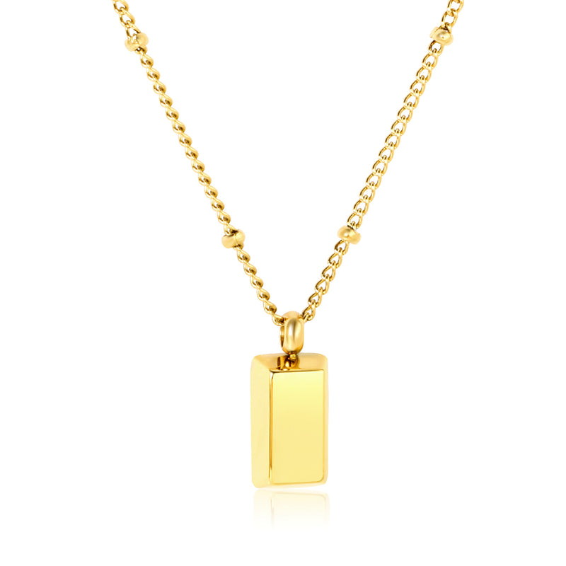 Gold Brick Pendant 0.4 Side Pearl Chain 40+5cm+6mm Round Tag Gold