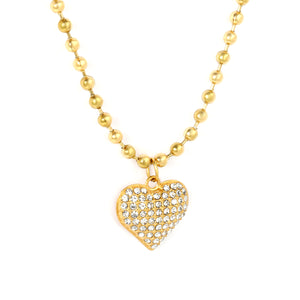 17x16.5mm heart-shaped pendant with white/rose red diamonds, 3mm bead chain, 40+5cm+6mm round tag necklace, gold color