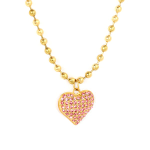 17x16.5mm heart-shaped pendant with white/rose red diamonds, 3mm bead chain, 40+5cm+6mm round tag necklace, gold color