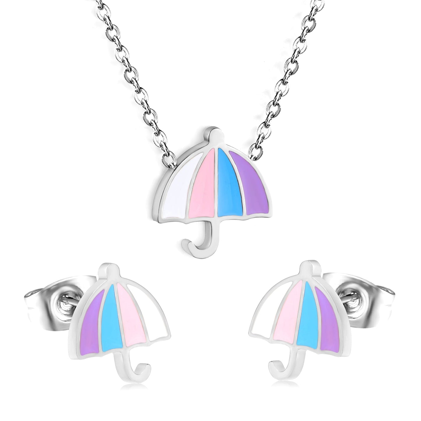 Umbrella set steel color/golden stud earrings: 9.3*10.3mm pendant: 11*12.1mm0.3 cross chain 42+5cm+6mm round plate asonjewelry