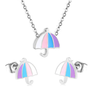 Umbrella set steel color/golden stud earrings: 9.3*10.3mm pendant: 11*12.1mm0.3 cross chain 42+5cm+6mm round plate