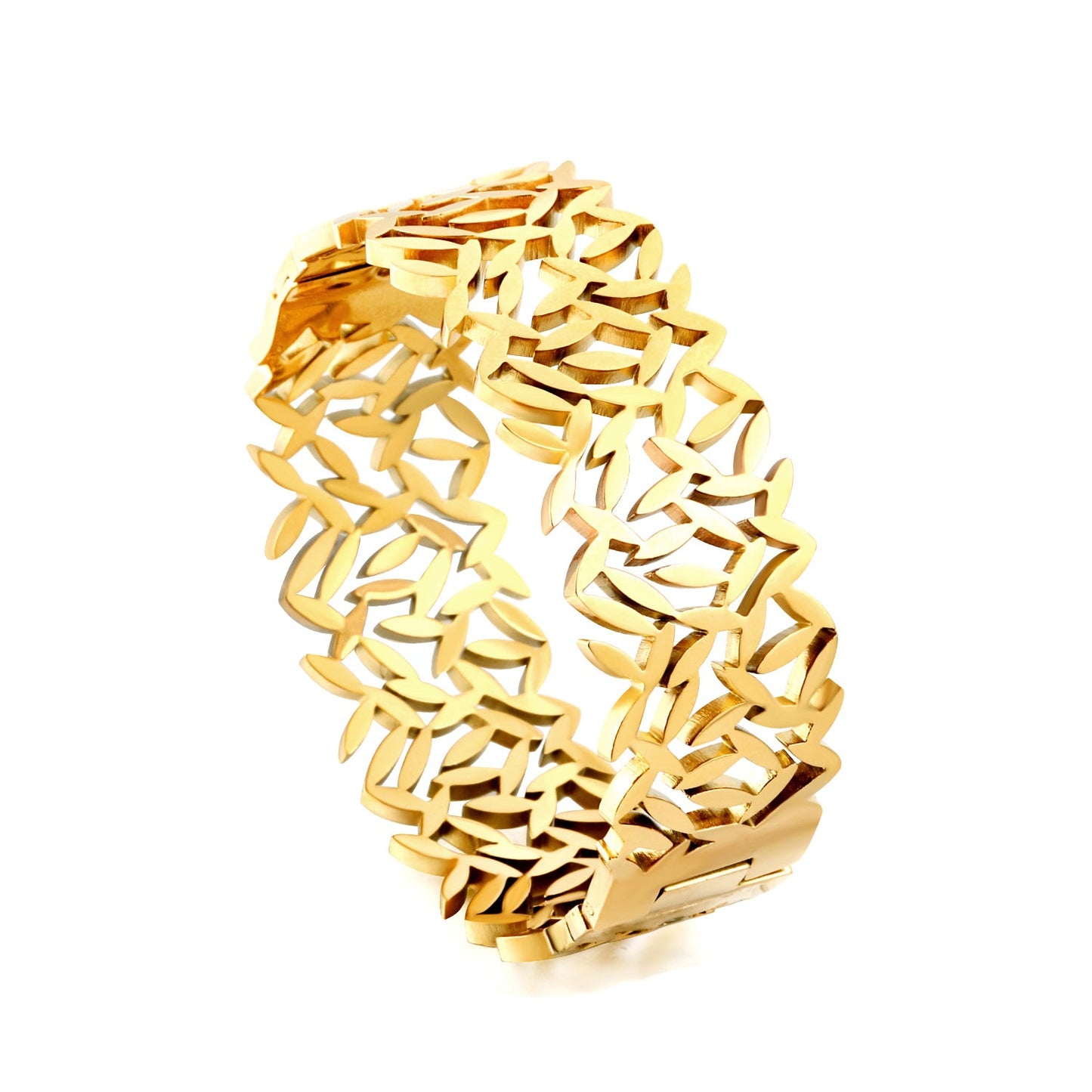 A number of small grass-like shapes linked together in a hollow bracelet asonjewelry