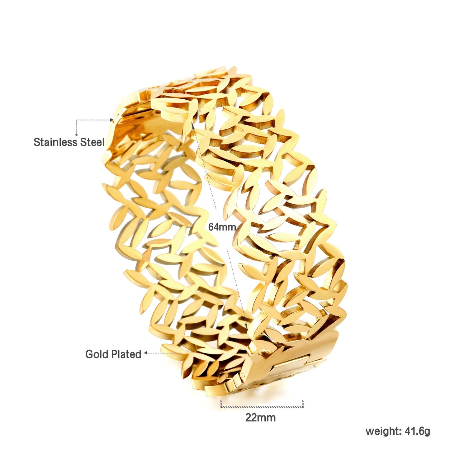 A number of small grass-like shapes linked together in a hollow bracelet asonjewelry