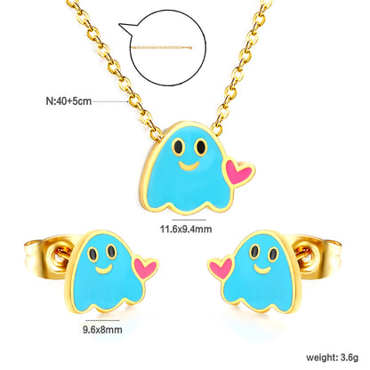 Drip oil heart brat set steel color / gold color Earrings: 9.6*8mm Pendant: 11.6*9.4mm 0.3 cross chain 40+5cm+6mm round plate asonjewelry