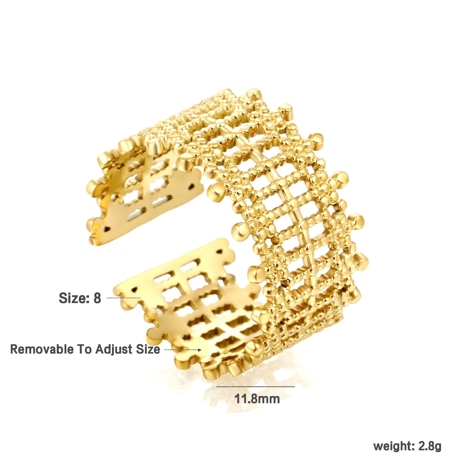 Golden Grid Pattern Stainless Steel Open Ring asonjewelry
