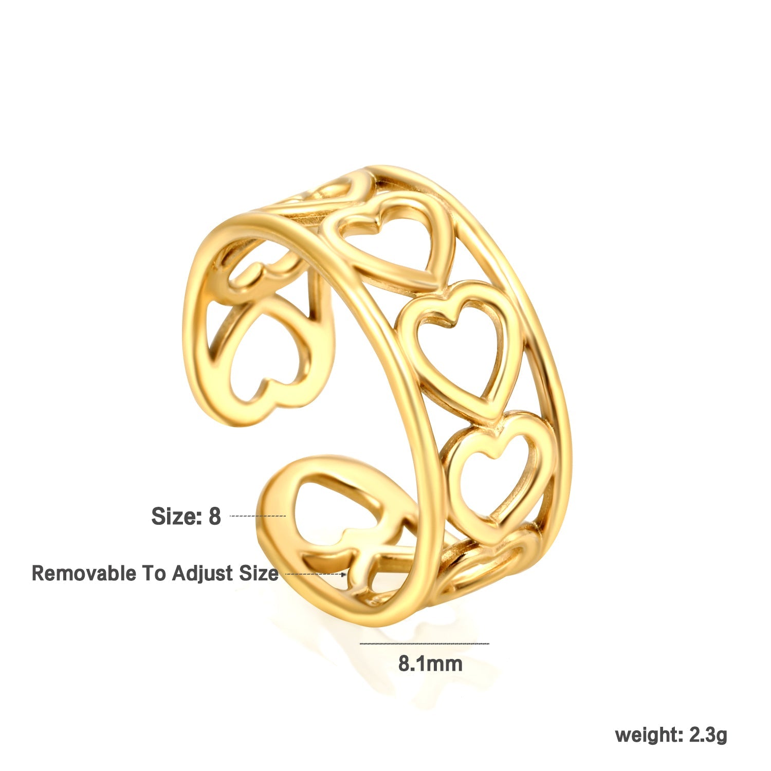 Golden Heart-Shaped SS Open Ring Hollow Motifs asonjewelry
