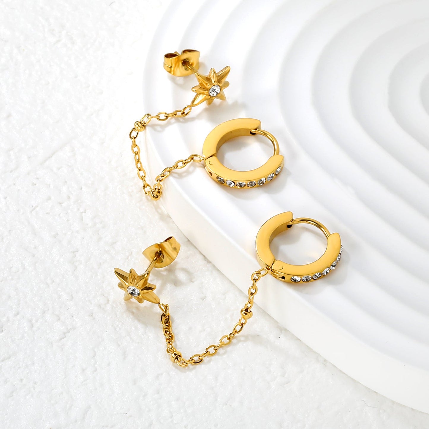 9x11mm Eight-Pointed Star with Diamonds 2x9mm Inner + 14x15mm Ear Hook Circle with Diamonds, Gold asonjewelry