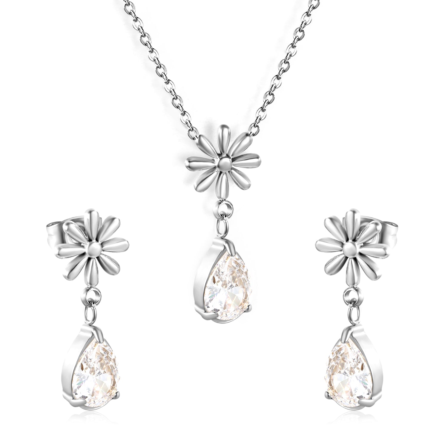 Flower + drop white diamond set Steel / Gold Earrings: 8.3mm flower + 6.2*10mm drop white diamond Pendant: 8.9mm flower + 6.2*10mm drop white diamond 0.3 Cross chain 42+5cm+6mm round plate asonjewelry