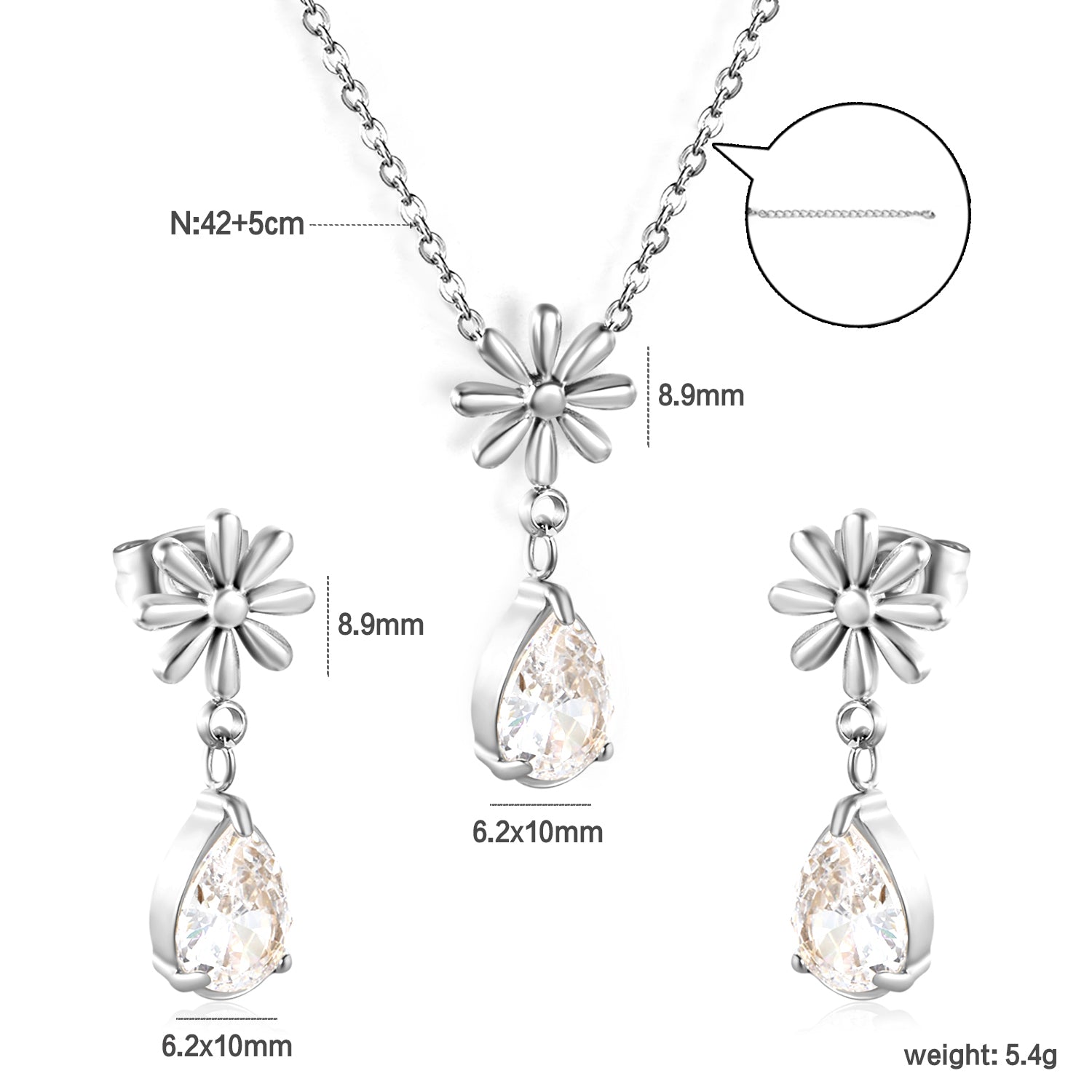 Flower + drop white diamond set Steel / Gold Earrings: 8.3mm flower + 6.2*10mm drop white diamond Pendant: 8.9mm flower + 6.2*10mm drop white diamond 0.3 Cross chain 42+5cm+6mm round plate asonjewelry