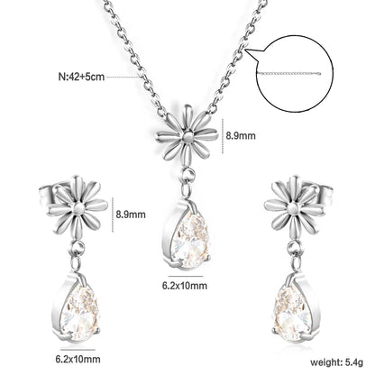 Flower + drop white diamond set Steel / Gold Earrings: 8.3mm flower + 6.2*10mm drop white diamond Pendant: 8.9mm flower + 6.2*10mm drop white diamond 0.3 Cross chain 42+5cm+6mm round plate asonjewelry