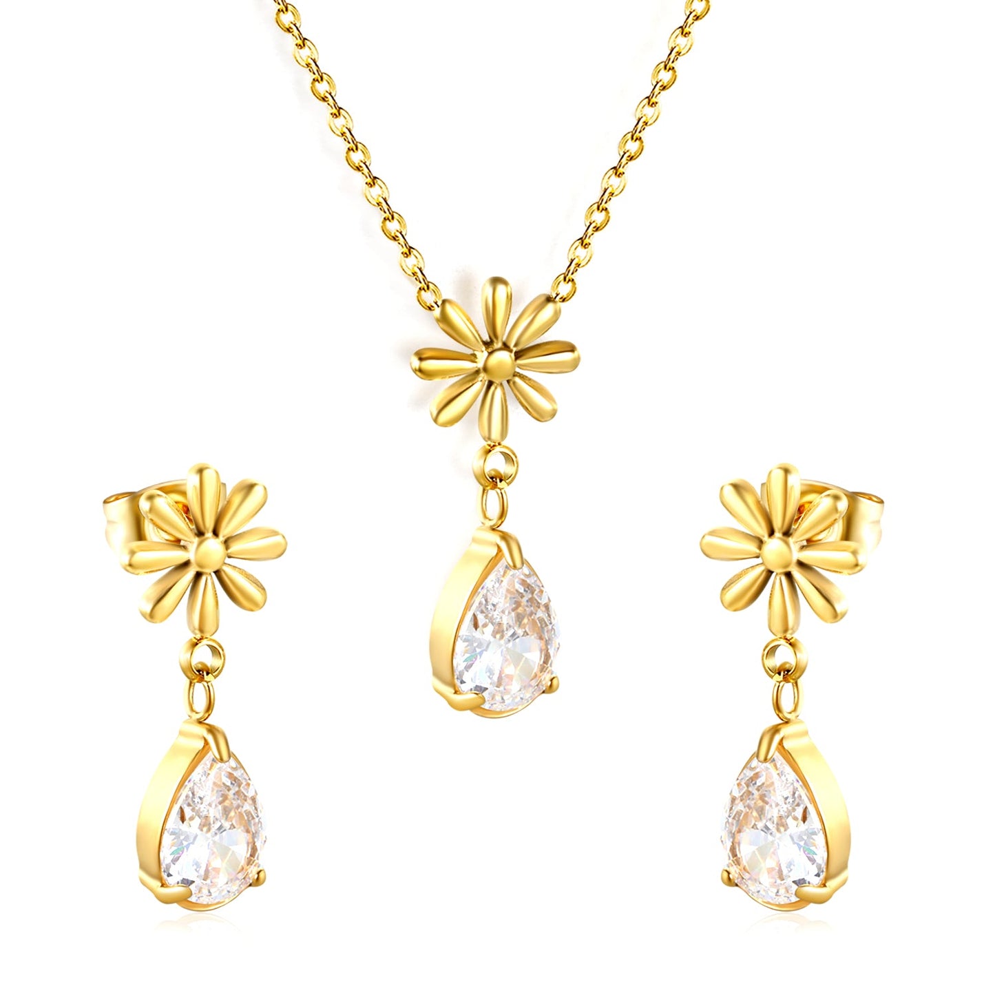 Flower + drop white diamond set Steel / Gold Earrings: 8.3mm flower + 6.2*10mm drop white diamond Pendant: 8.9mm flower + 6.2*10mm drop white diamond 0.3 Cross chain 42+5cm+6mm round plate asonjewelry