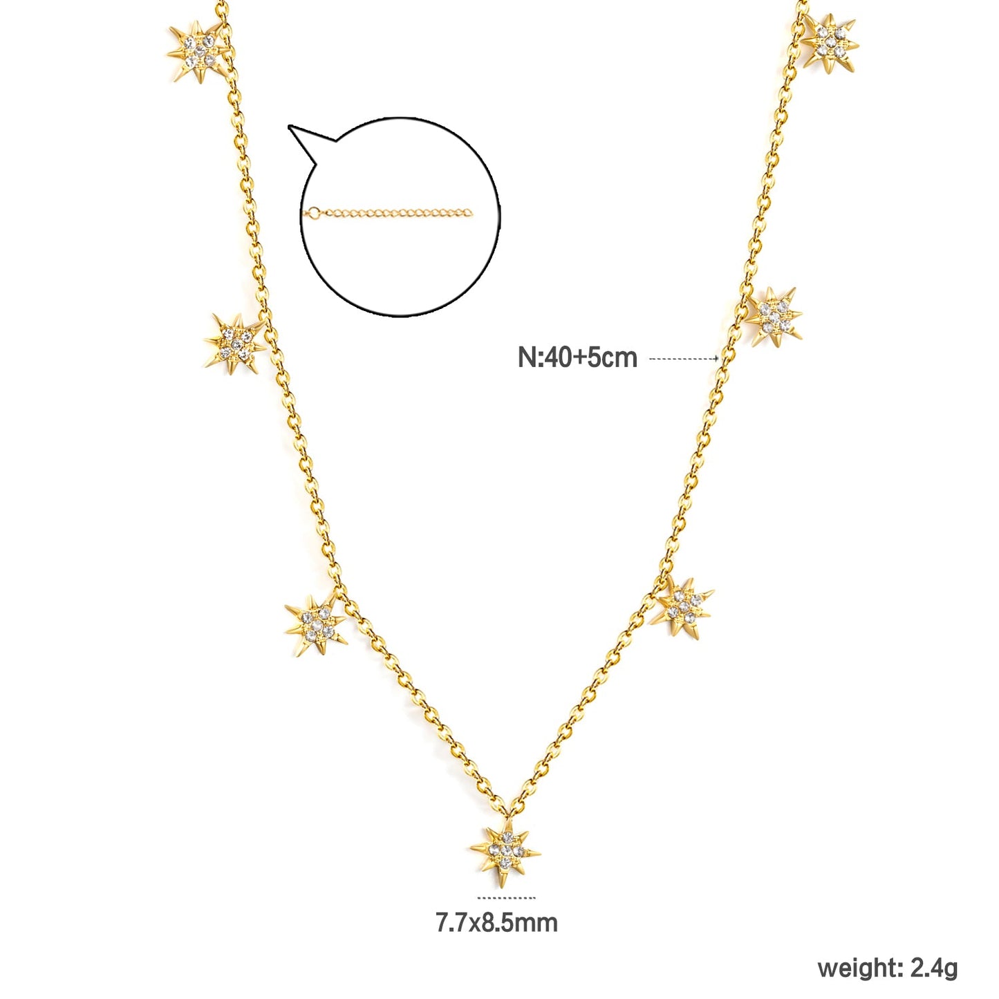 7.7 x 8.5 mm eight-pointed star accessory (5 white zirconia stones) 0.3 cross chain 40+5 cm + 6 mm round pendant necklace gold asonjewelry