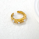 7mm Gold Open Ring with Irregular Hammered Texture and White Pearl/Tiger's Eye/Emerald Cat's Eye Inlays