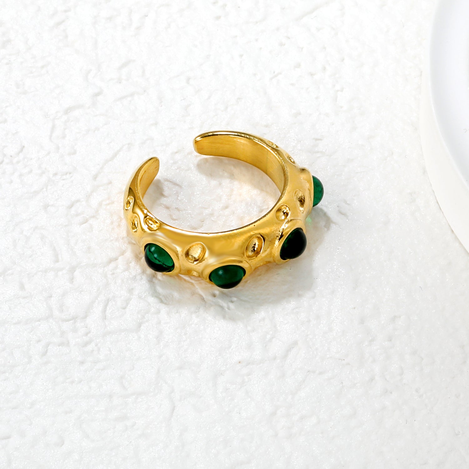7mm Gold Open Ring with Irregular Hammered Texture and White Pearl/Tiger's Eye/Emerald Cat's Eye Inlays asonjewelry