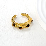 7mm Gold Open Ring with Irregular Hammered Texture and White Pearl/Tiger's Eye/Emerald Cat's Eye Inlays
