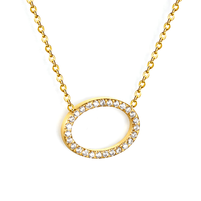 15 x 11.2mm oval CNC white zirconia pendant 0.3 cross chain 43+5cm + 6mm round tag necklace gold