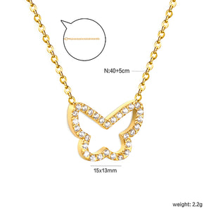 15x13mm butterfly CNC white zirconia pendant 0.3 cross chain 40+5cm+6mm necklace gold