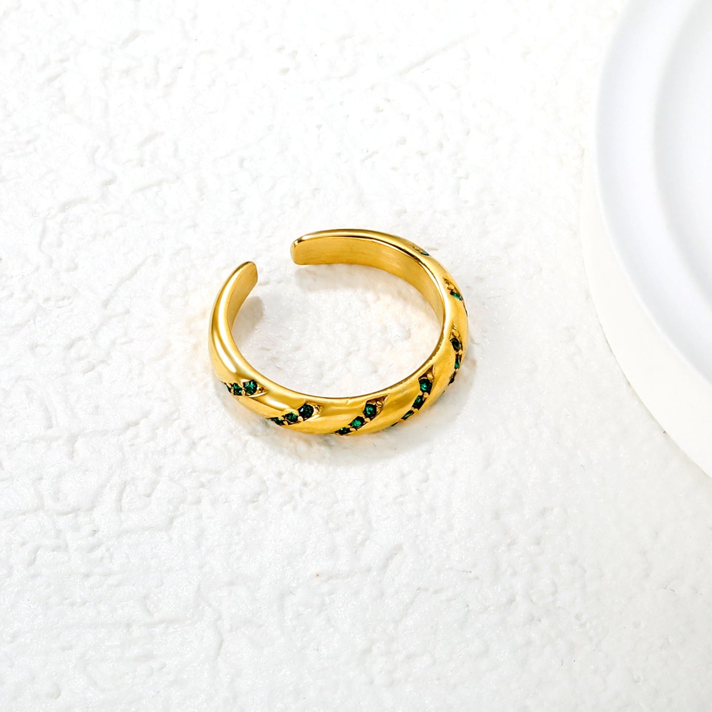 3.7mm Gold Open Ring with Twisted Band & White Diamond /Emerald Accents asonjewelry