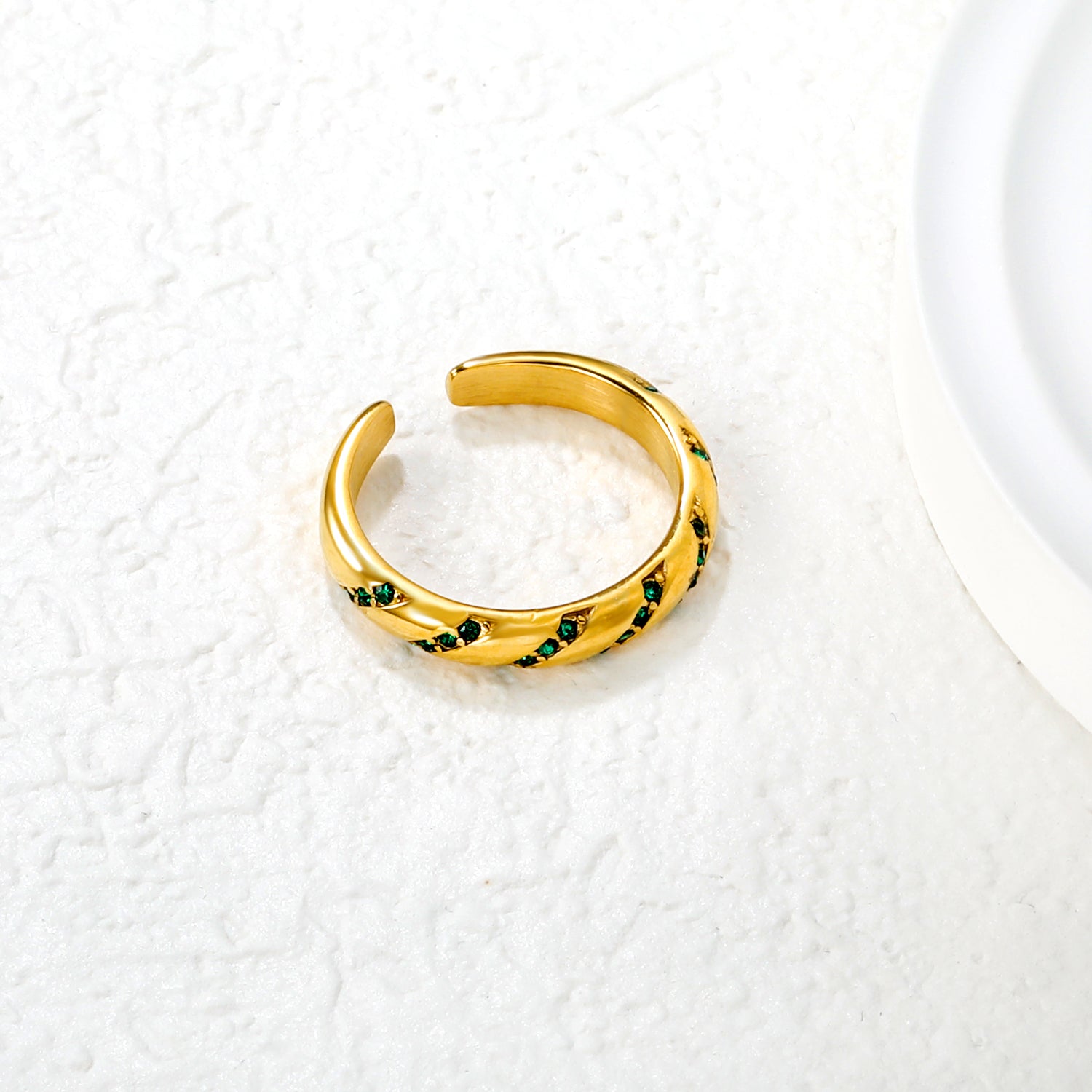 3.7mm Gold Open Ring with Twisted Band & White Diamond /Emerald Accents asonjewelry