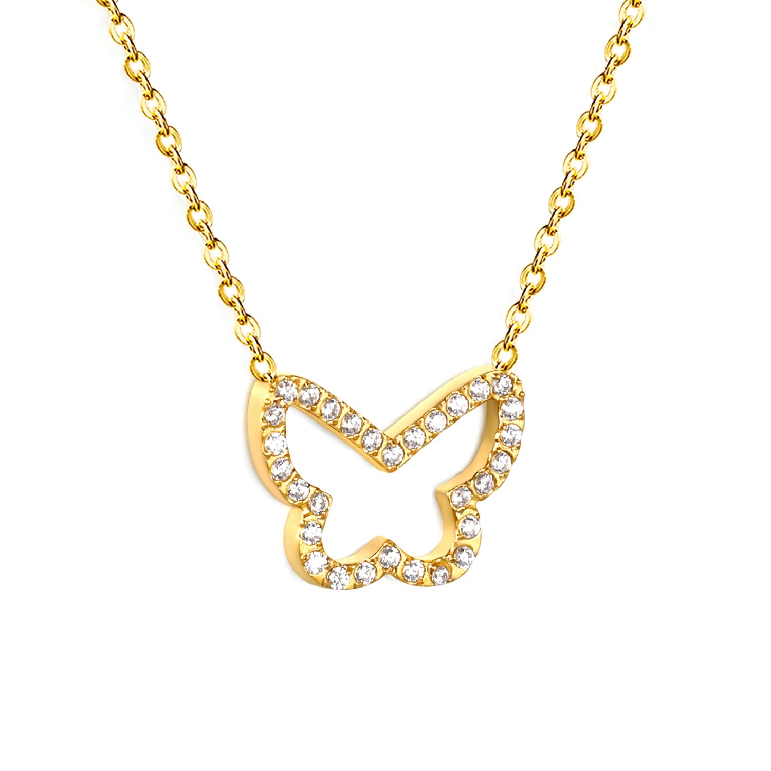 15x13mm butterfly CNC white zirconia pendant 0.3 cross chain 40+5cm+6mm necklace gold asonjewelry