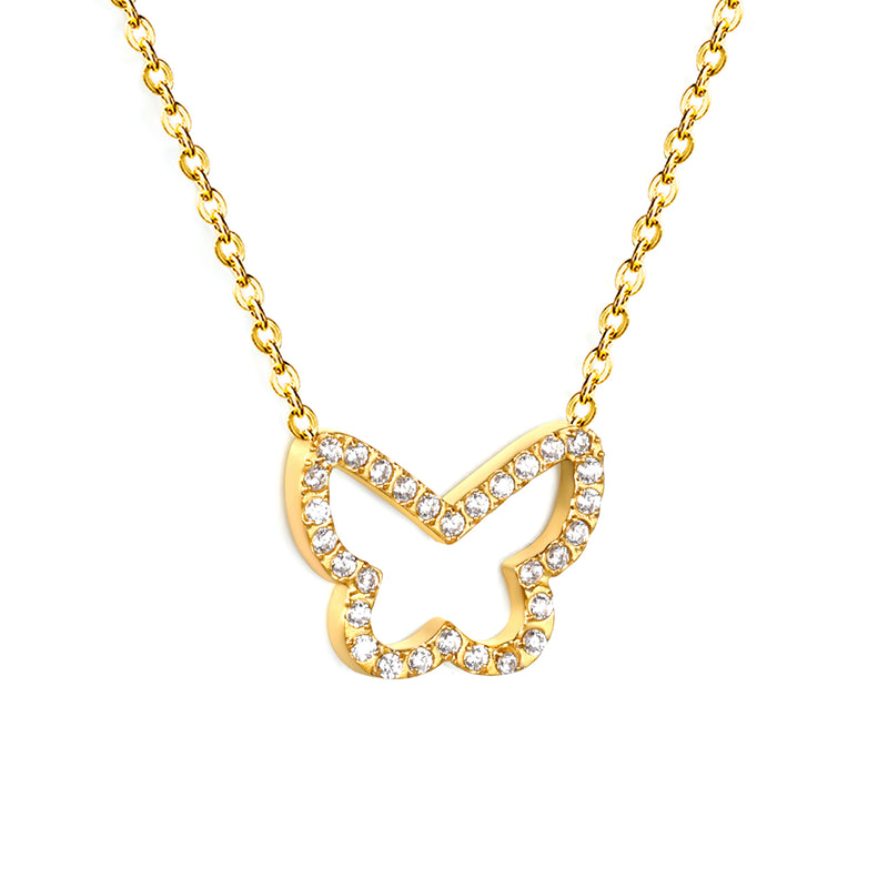 15x13mm butterfly CNC white zirconia pendant 0.3 cross chain 40+5cm+6mm necklace gold