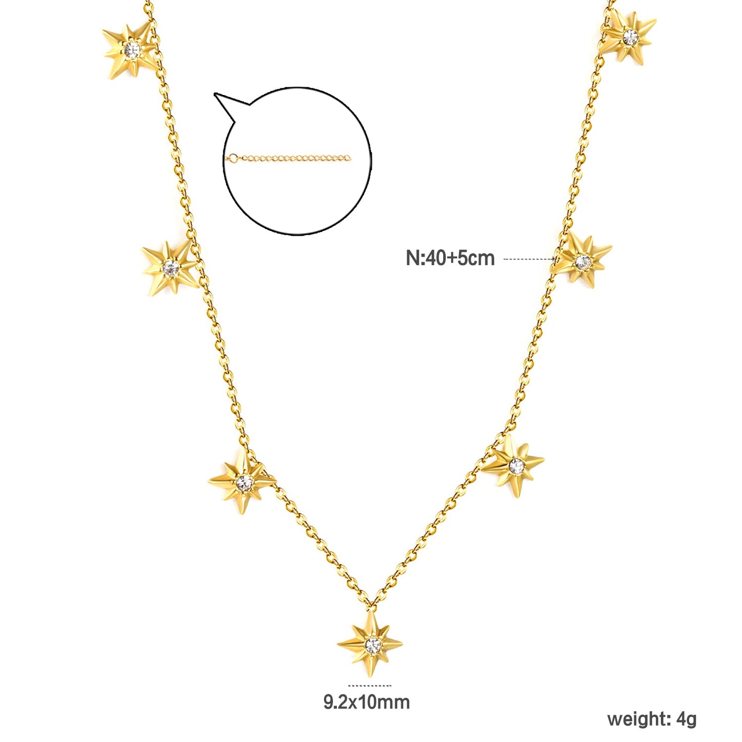 9.2 x 10mm eight-pointed star accessory (1 white zirconia), 0.3mm cross chain 40+5cm, 6mm round tag necklace, gold asonjewelry