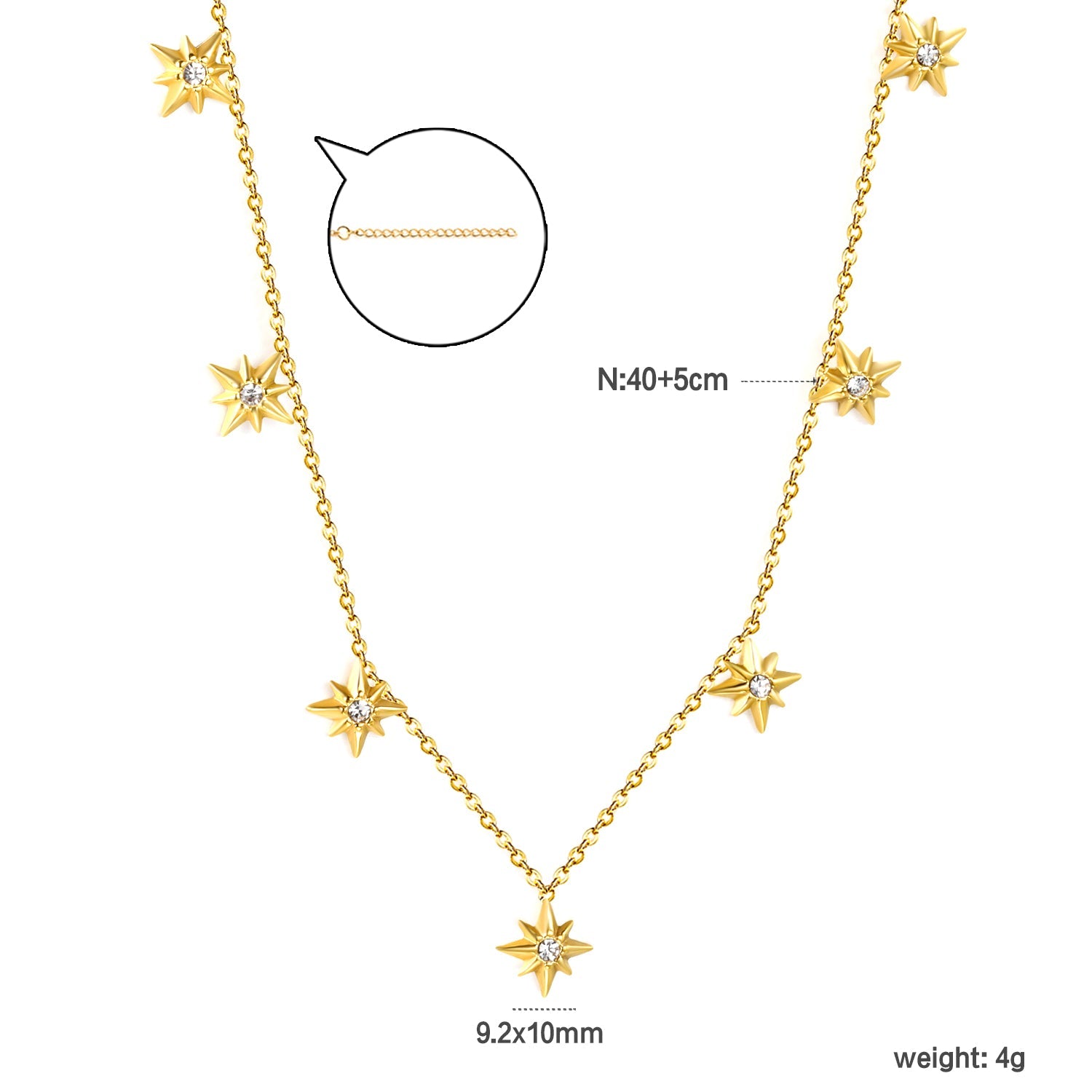 9.2 x 10mm eight-pointed star accessory (1 white zirconia), 0.3mm cross chain 40+5cm, 6mm round tag necklace, gold asonjewelry