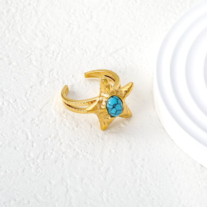 20mm Gold Open Ring with Turquoise - Inlaid Starfish asonjewelry