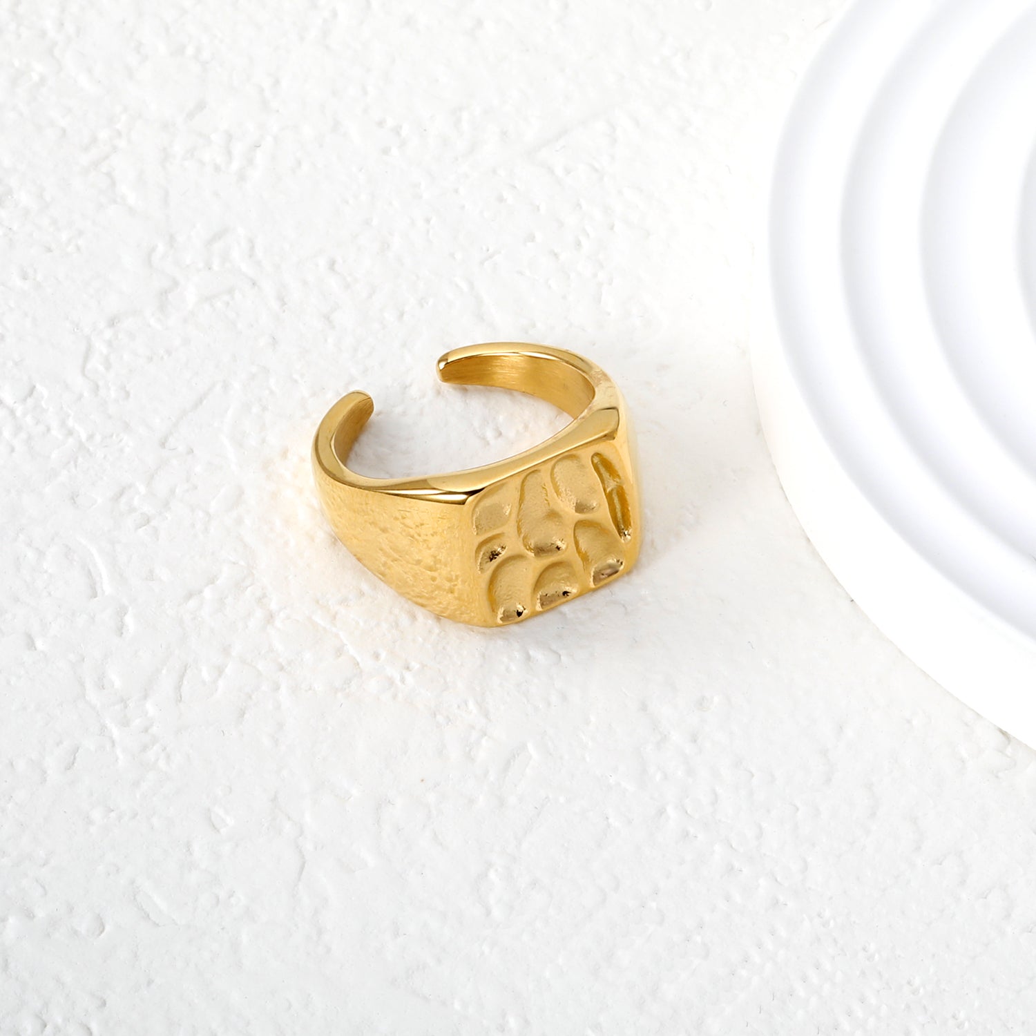 12mm Gold Open Ring with Hammered Square Pattern asonjewelry