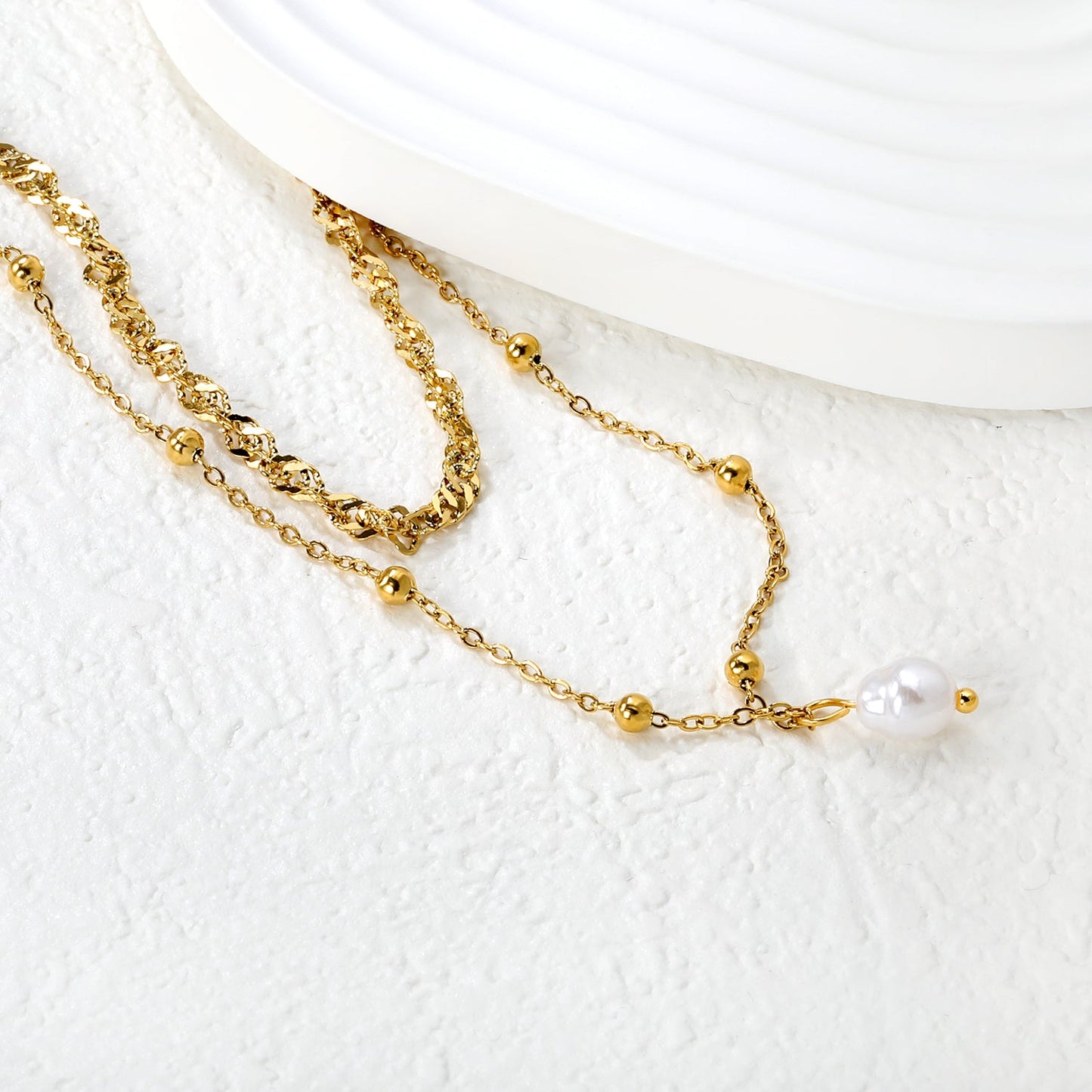 Imitation Pearl Double Chain 3mm Wavy Chain 40cm + 0.35 Cross Bead Chain 50cm + 5cm + 6mm Round Tag Necklace Gold asonjewelry