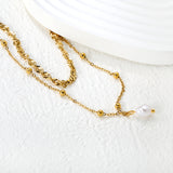 Imitation Pearl Double Chain 3mm Wavy Chain 40cm + 0.35 Cross Bead Chain 50cm + 5cm + 6mm Round Tag Necklace Gold