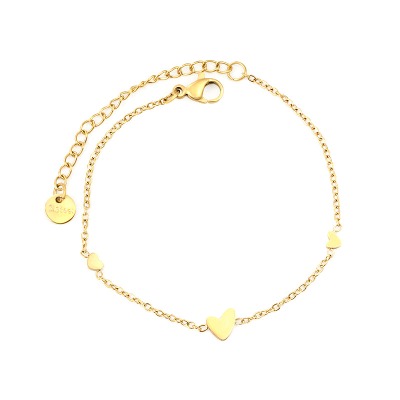 5.8*6.5mm 1 crooked heart + 3.7*2.8mm 2 heart accessories 0.3 cross chain 16+5cm+6mm round plaque bracelet gold color